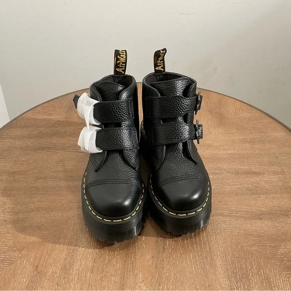 New Dr. Martens Women's Devon Flower Buckle Leather Platform Boots - Picture 8 of 8